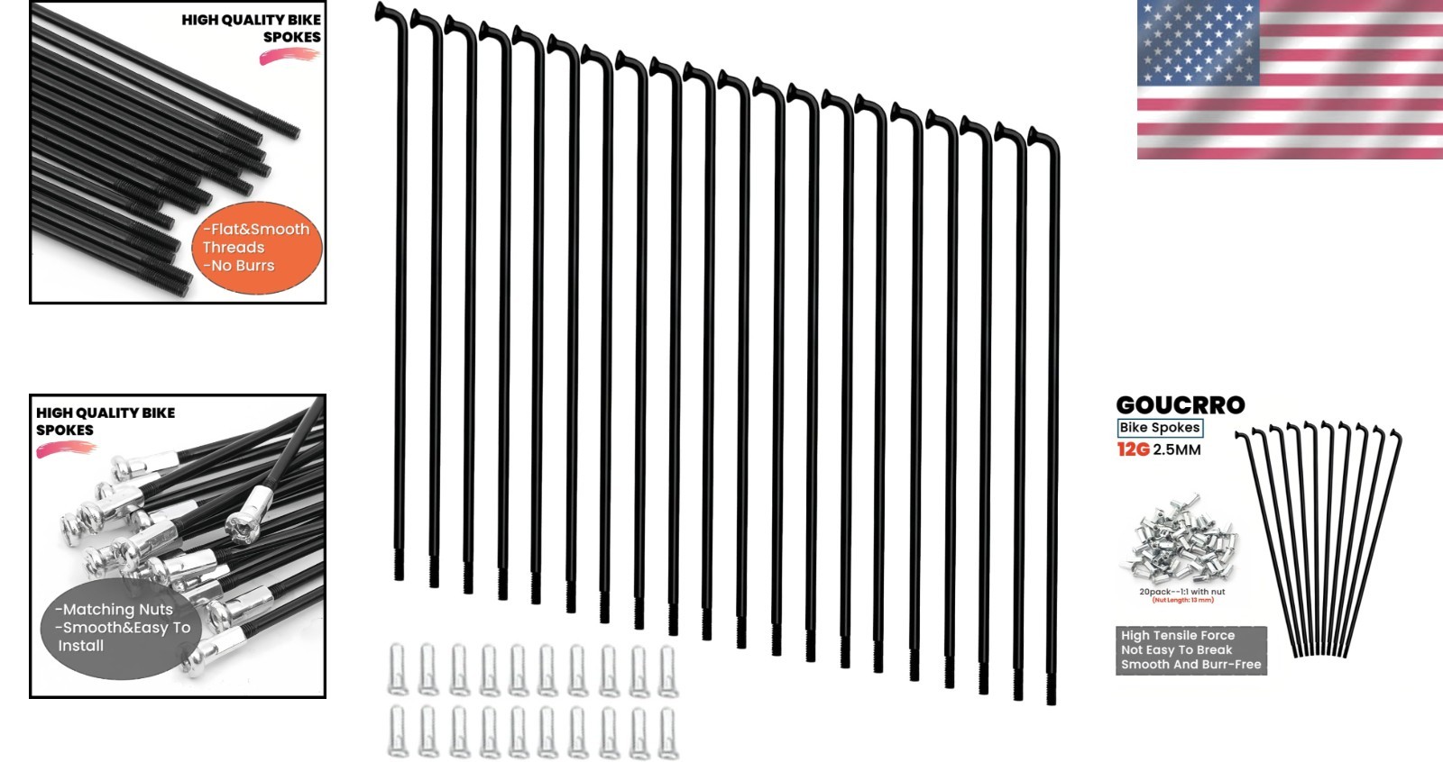 Precision Crafted Bike Spokes 20pcs in Black Steel – 12G, Impact Resistant