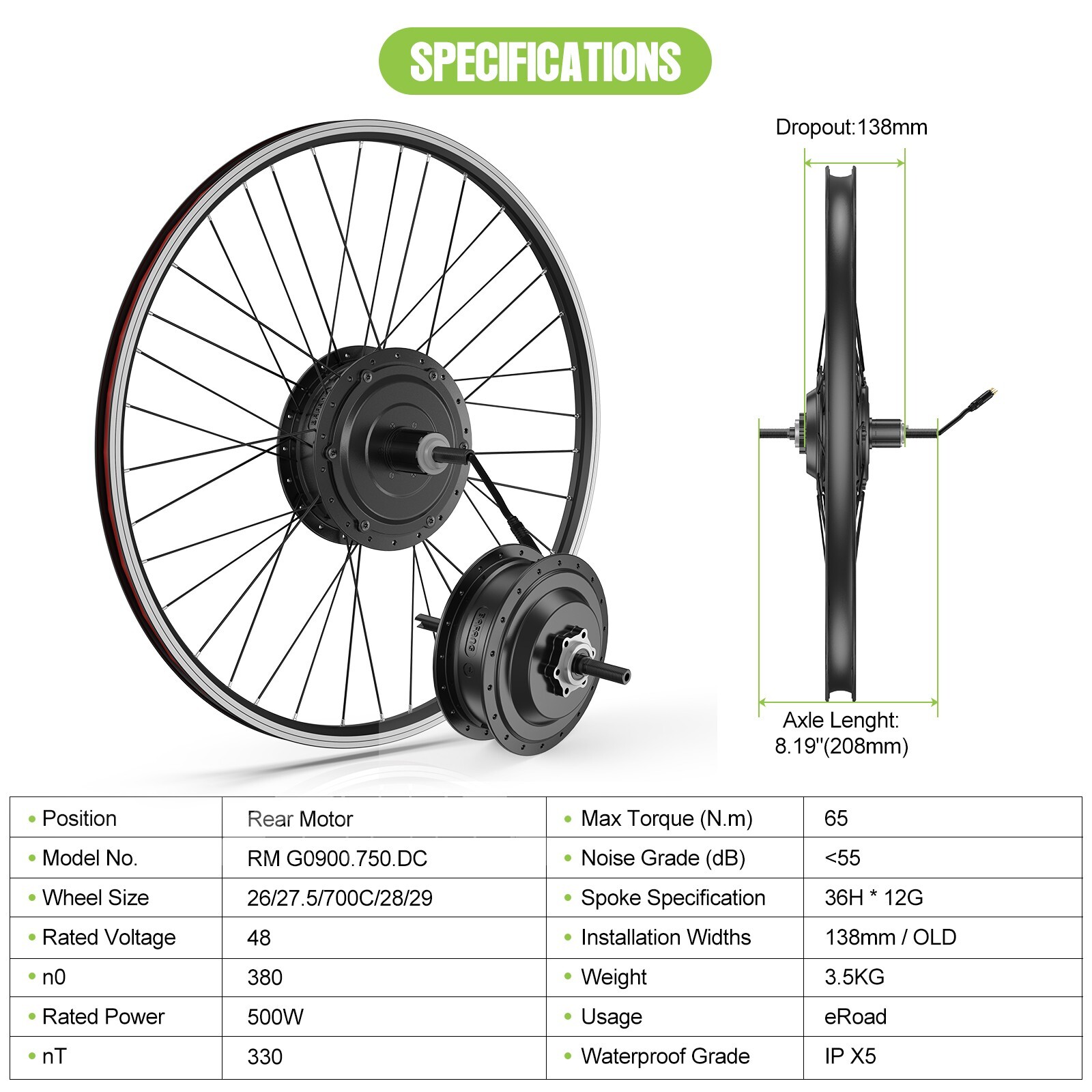 BAFANG 48V500W Rear Hub Motor 26″27.5”700C Wheel Hub Motor Ebike Conversion Kit