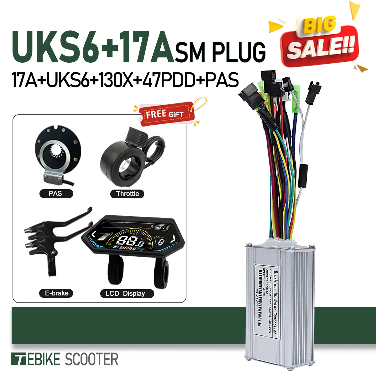 Ebike 3-Mode SineWave Controller 17A 26A 30A 40A with LCD UKC1 Display 1T5 Cable