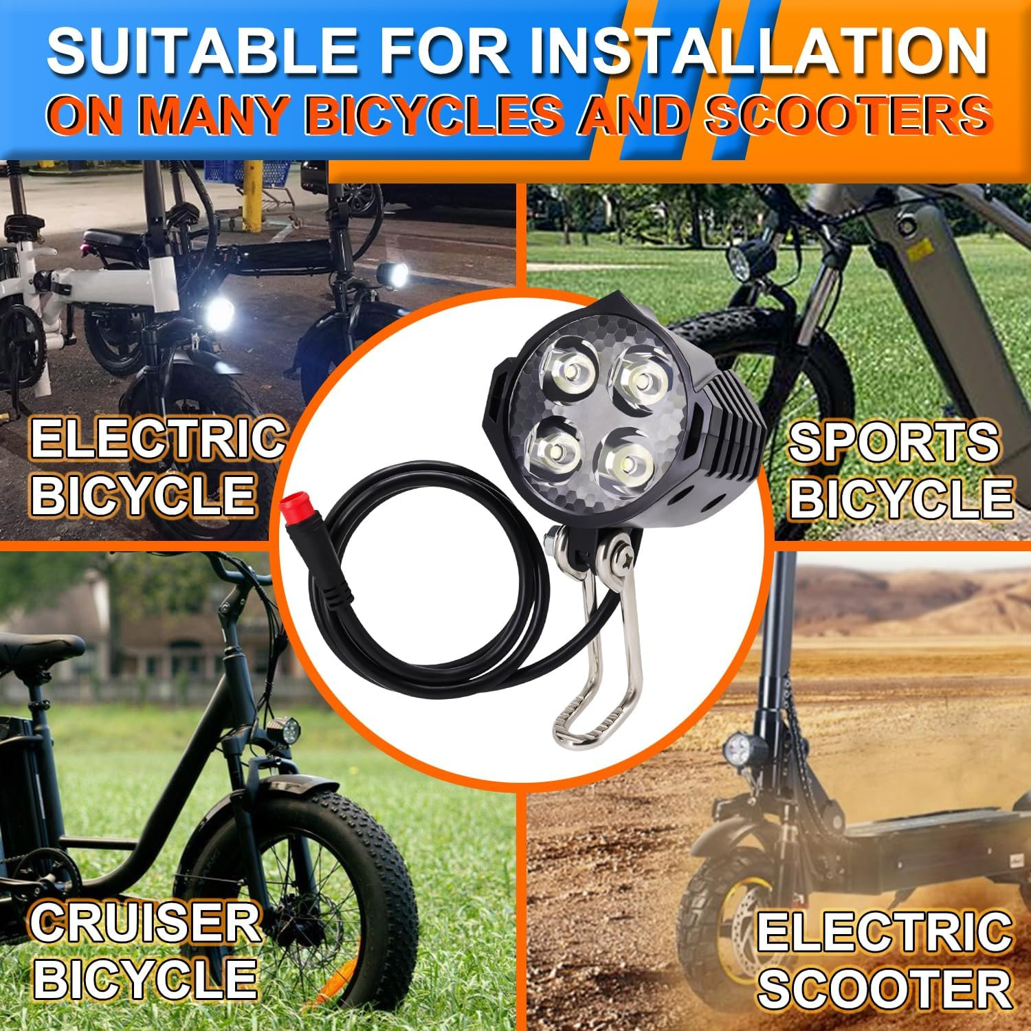 Ebike Headlight 48V 36V, 12V-60V Compatible, 2 Pin Waterproof Connector Electric