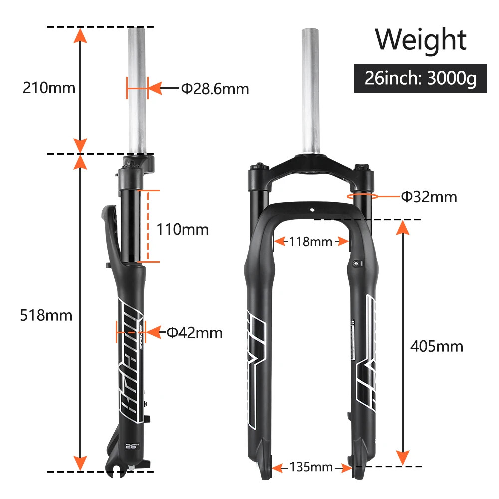 Snow Bike Air Fork 20/26in Fat Tire MTB E-bike Supension Front Fork 100mm Travel