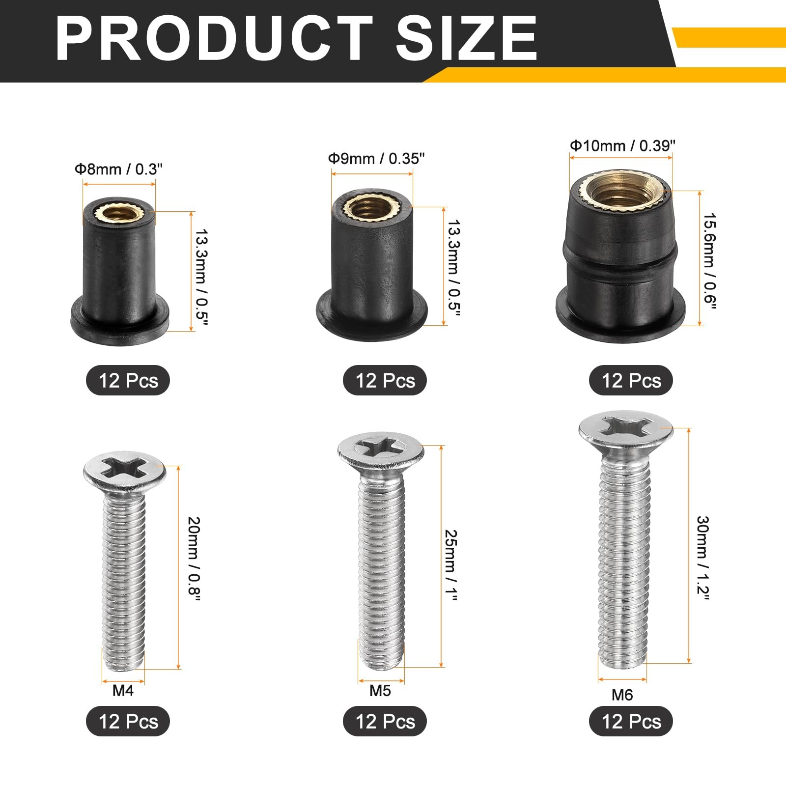 uxcell 36 Pairs M4 M5 M6 Neoprene Well Nuts with Stainless Steel