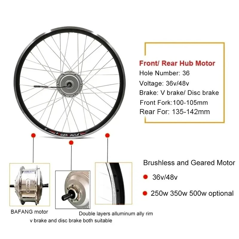 36V 48V 250W/350W/500W E-bike Brushless Hub Motor Wheel Conversion Kit