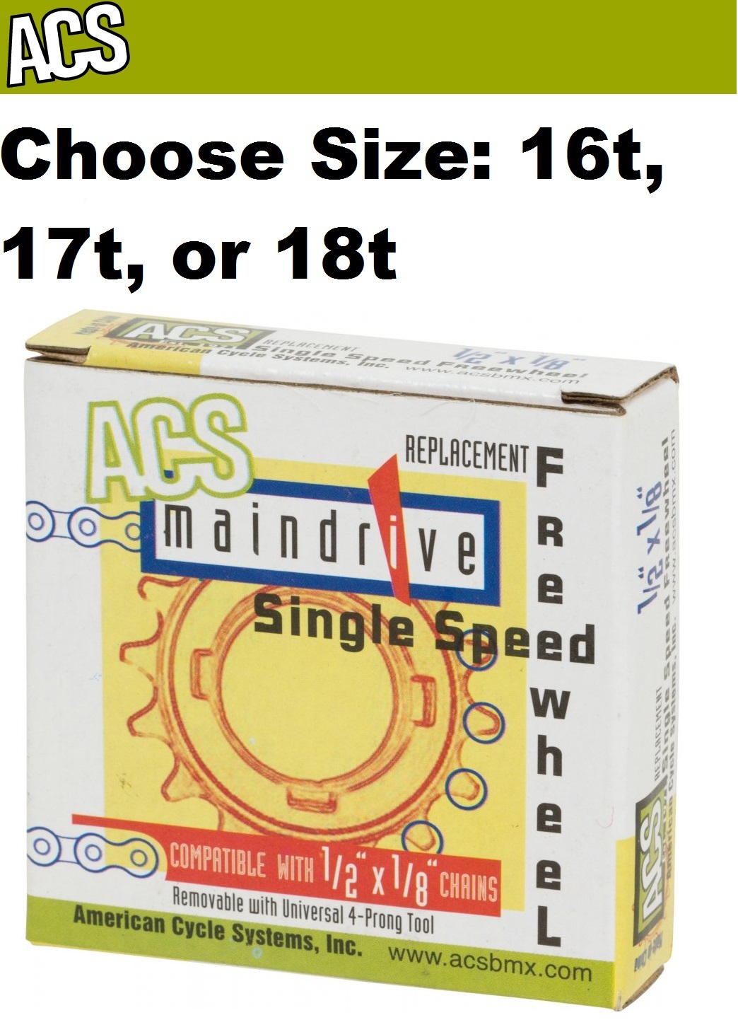 ACS Maindrive 1/8″ Freewheel Chrome BMX Single Speed Bike Cromo 16, 17 or 18t