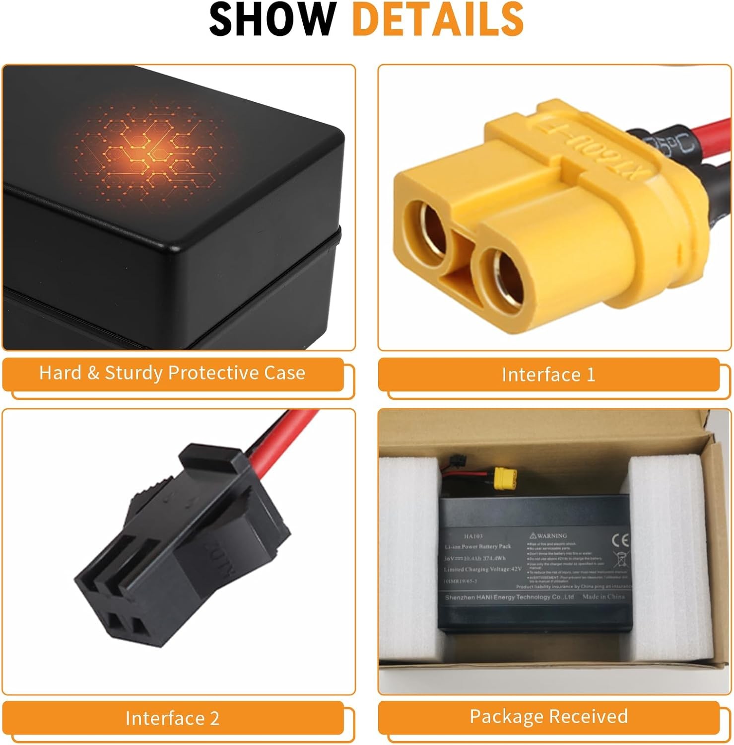 E-Bike Battery 36V 6Ah Rechargeable Lithium Battery with T-Plug XT60 Connectors