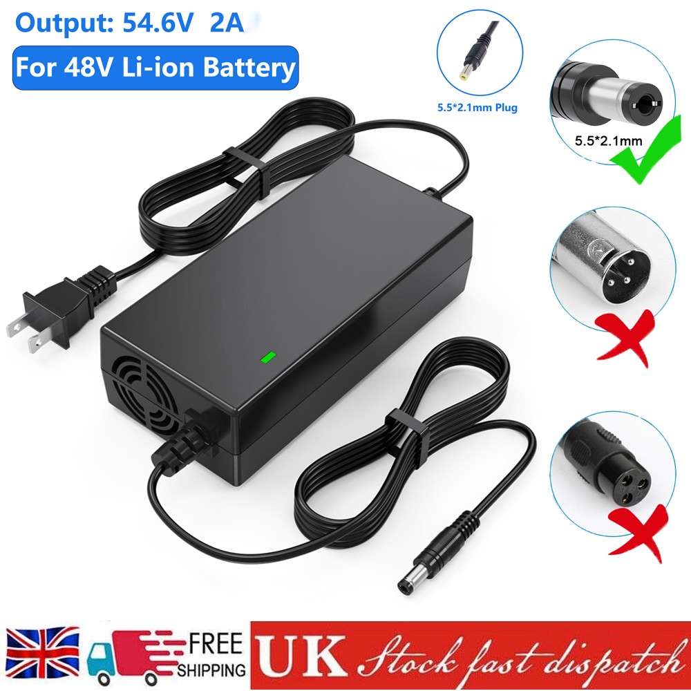 54.6V 2A Power Battery Charger DC 5.5*2.1mm Power Adapter 48V Lithium Battery US