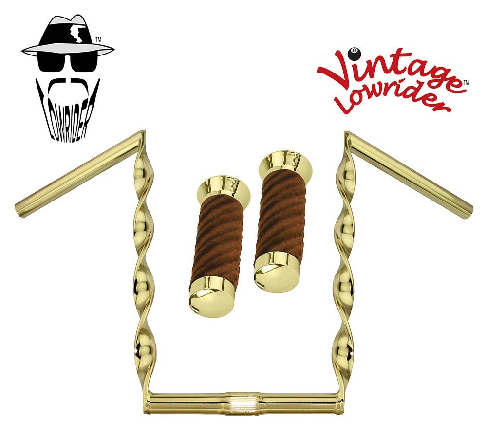 Vtg Lowrider Handlebar Flat Twisted 15″ 25.4mm Gold & Grips Velour Swirl Brown.