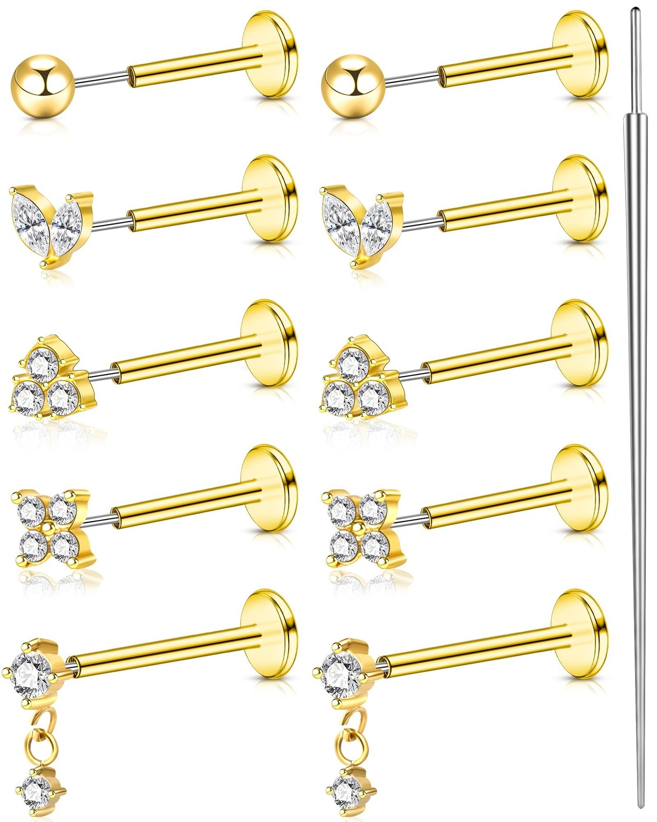20G 18G 16G Gold Threadless Flat Back Earrings Surgical Steel Push in Nose St…