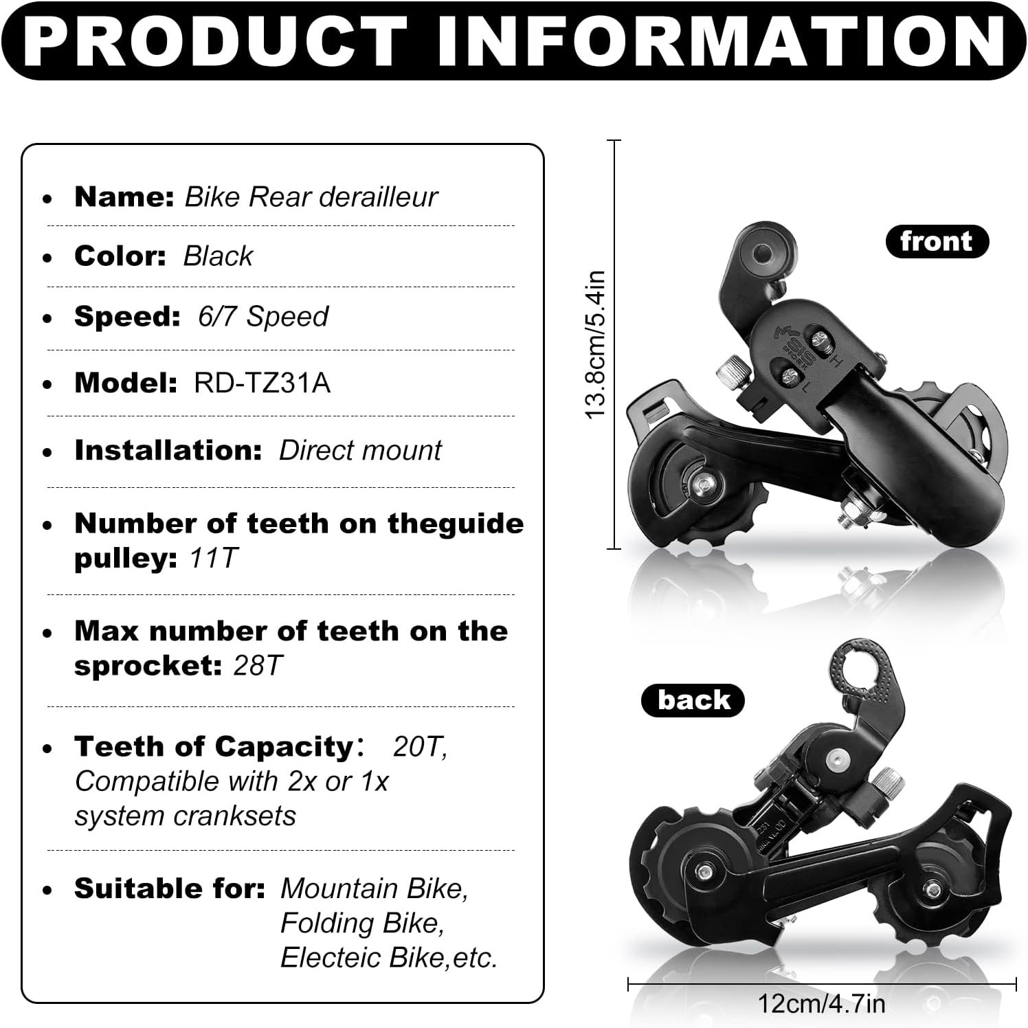 Rear Derailleur RD-TZ31A 6/7 Speed Direct/Hanger Mount Derailleur for Mountain T