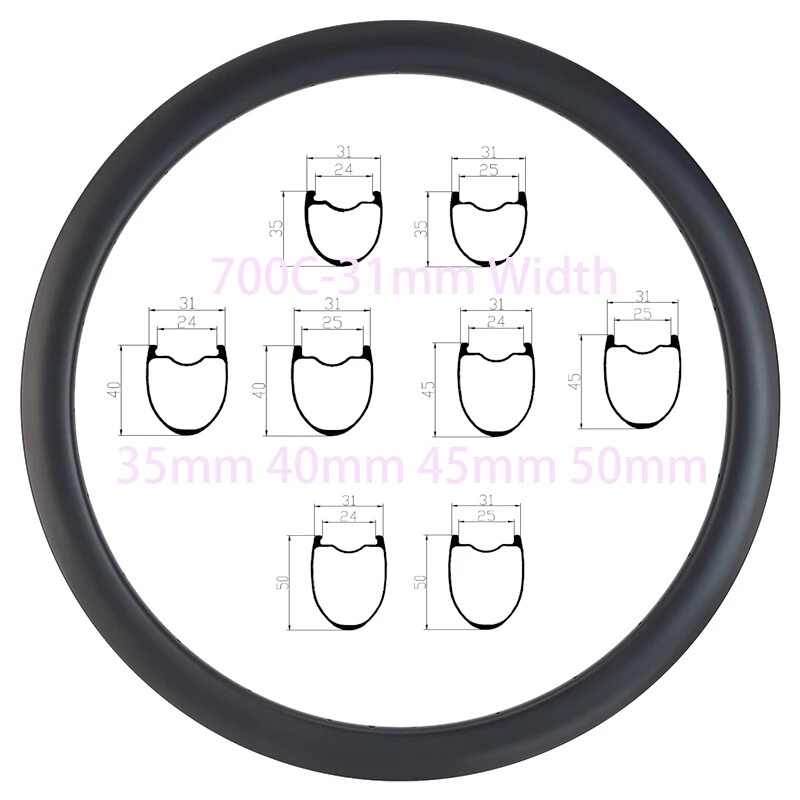 1 Pcs Carbon Rim 31mm Wide 35mm 40mm 45mm 50mm Deep 700C Hookless Tubeless