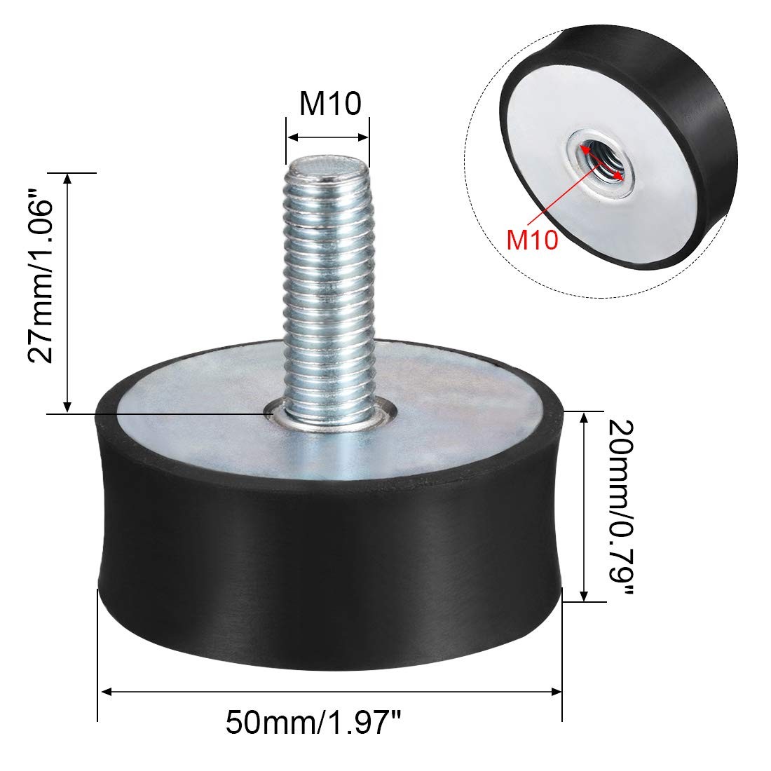 uxcell M10 Thread Male Female Rubber Mounts Vibration M10*27 D50*H20
