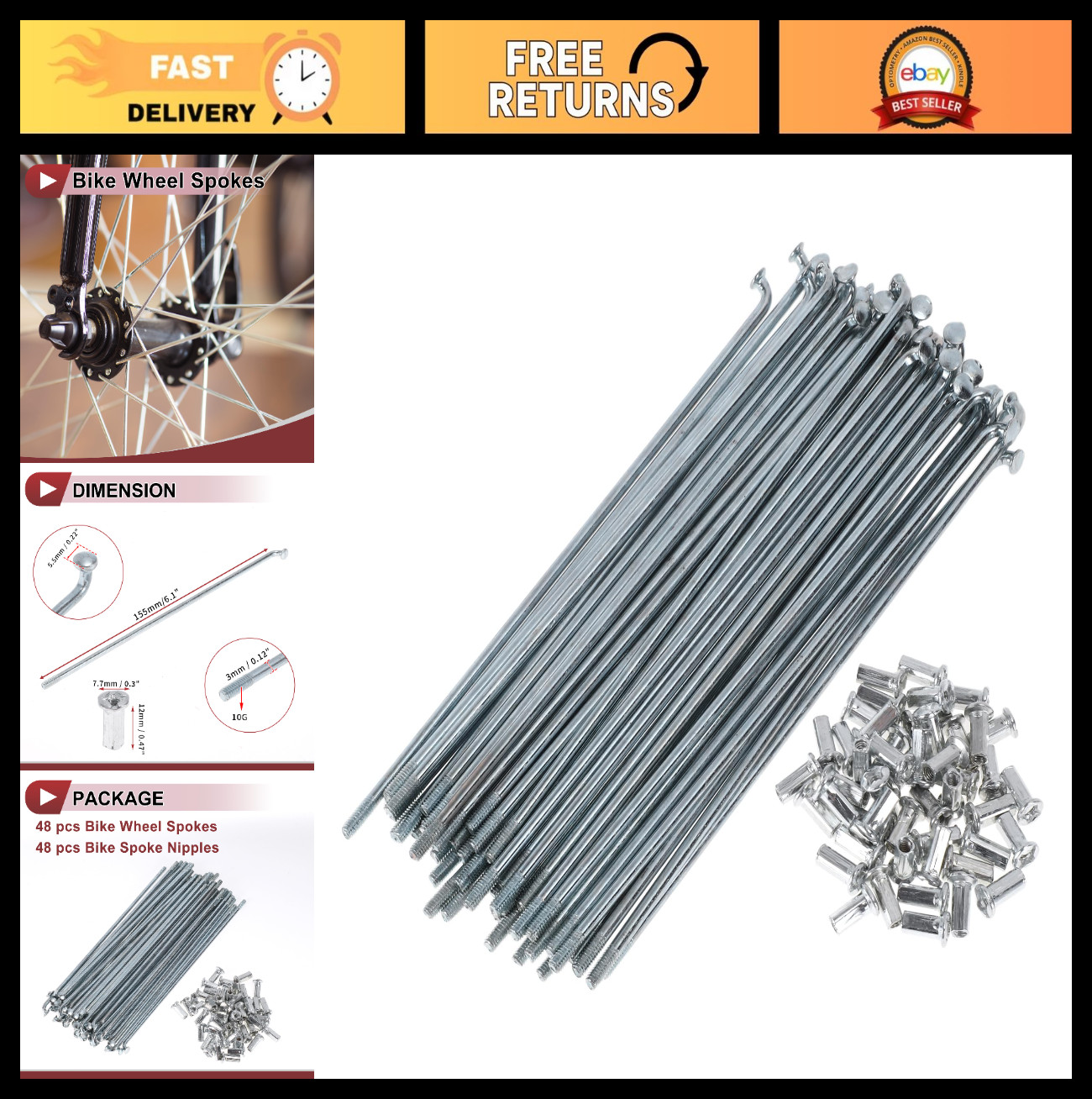 48 Set 10G Bicycle Spokes – J Bend Carbon Steel Galvanized Wheel Spokes Silver T