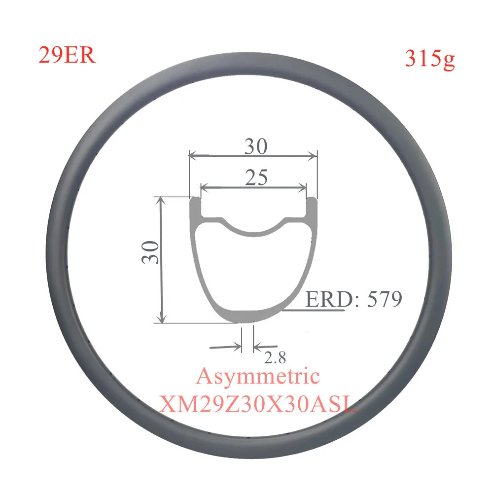 Asymmetric Carbon MTB Bicycle Rime 29er 36mm Width 23mm Depth Hookless Tubeless