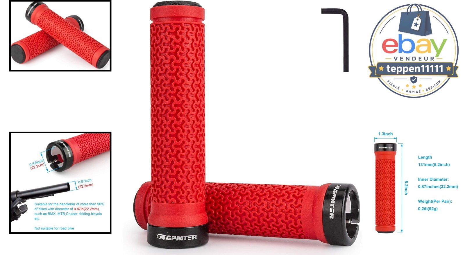 Bike Handlebar Grips, Single Lock, Rubber, Non-Slip, Ergonomic, 131mm