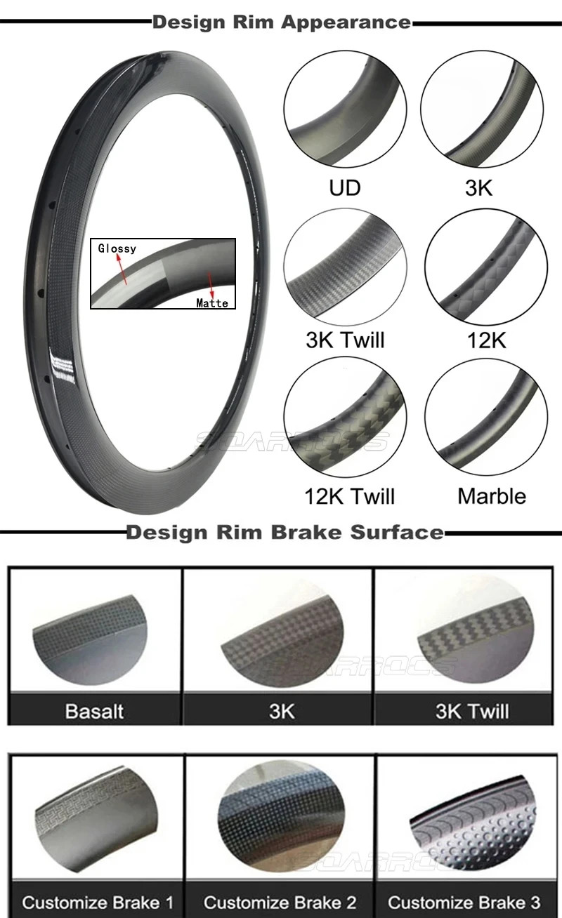700C Carbon Rims 55mm Depth V/Disc Brake Road Bike Tubeless Rings UD/3K 2pcs