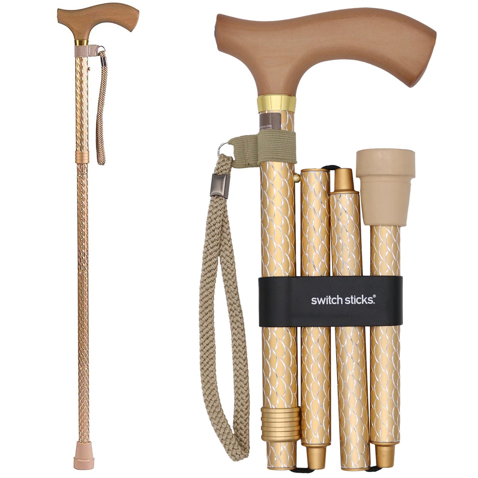 Switch Sticks Folding Walking Cane 1 Count (Pack of 1), Engraved Pearl Gold