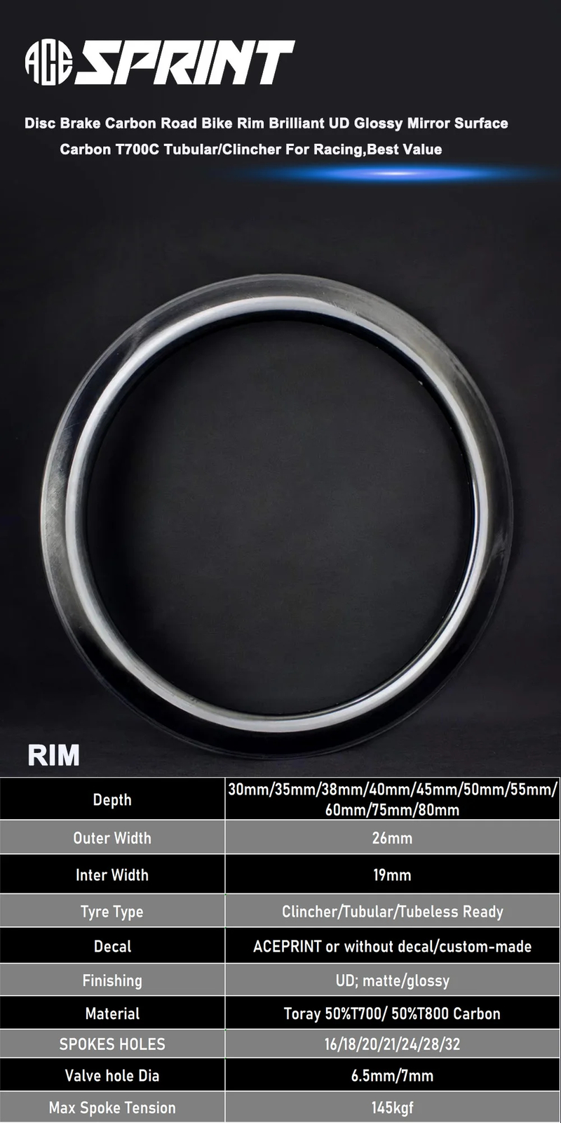 Carbon Road Bike Rim Depth 36 47 59 78mm Tubular Clincher Disc Brake UD Glossy