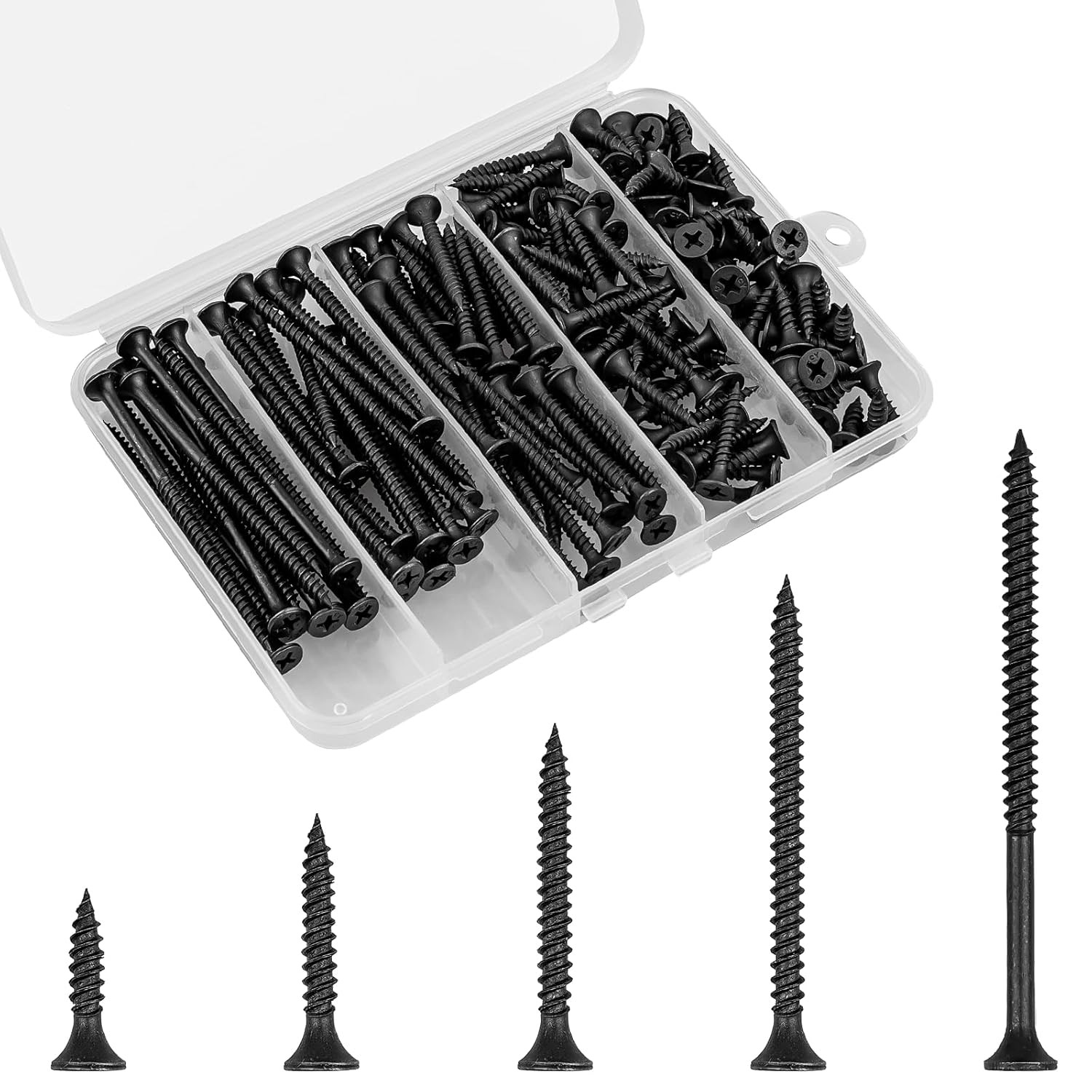 168Pc Black Wood Screws Assortment Kit – #6 Flat Head Self-Tapping Fasteners