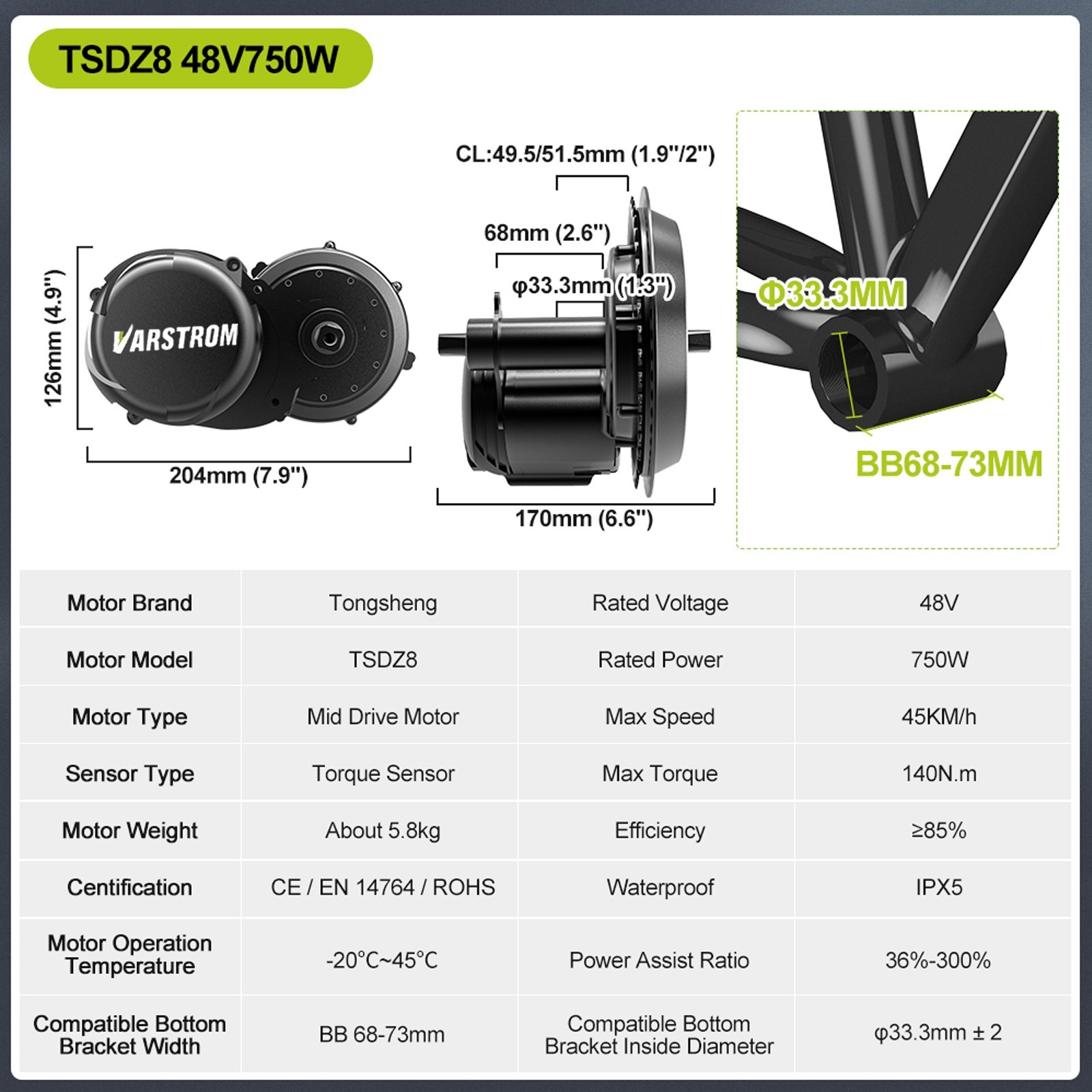 48V750W68-73MM Mid Drive Motor Kit Torque Sensor TSDZ8 E-bike Conversion Kits US