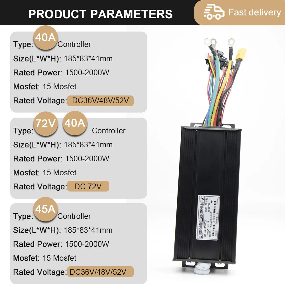 Three Mode 40A Sine Wave Controller 36/48/52/72V For Ebike Tricycle E-Scooter