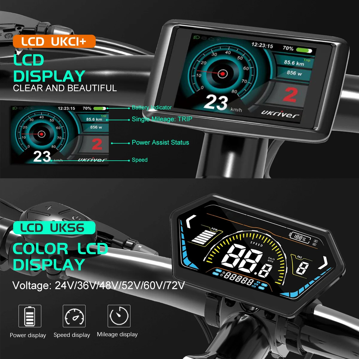 Ebike 3-Mode SineWave Controller 17A 26A 30A 40A with LCD UKC1 Display 1T5 Cable