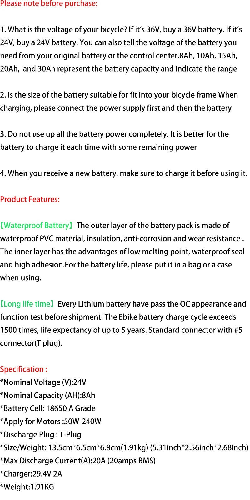 24V 8Ah Ebike Battery Lithium ion Battery for 0W-240W Electric Bicycle Scooter