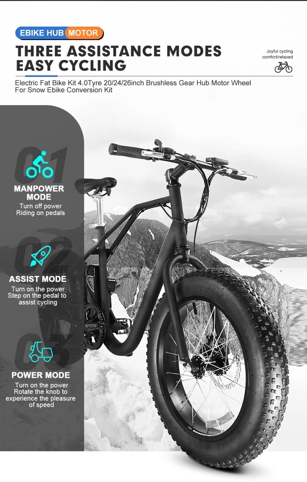 20 26inch Snow Electric Bike 36V48V 500W Rear Rotate 4.0Fat Tire Hub Motor Wheel