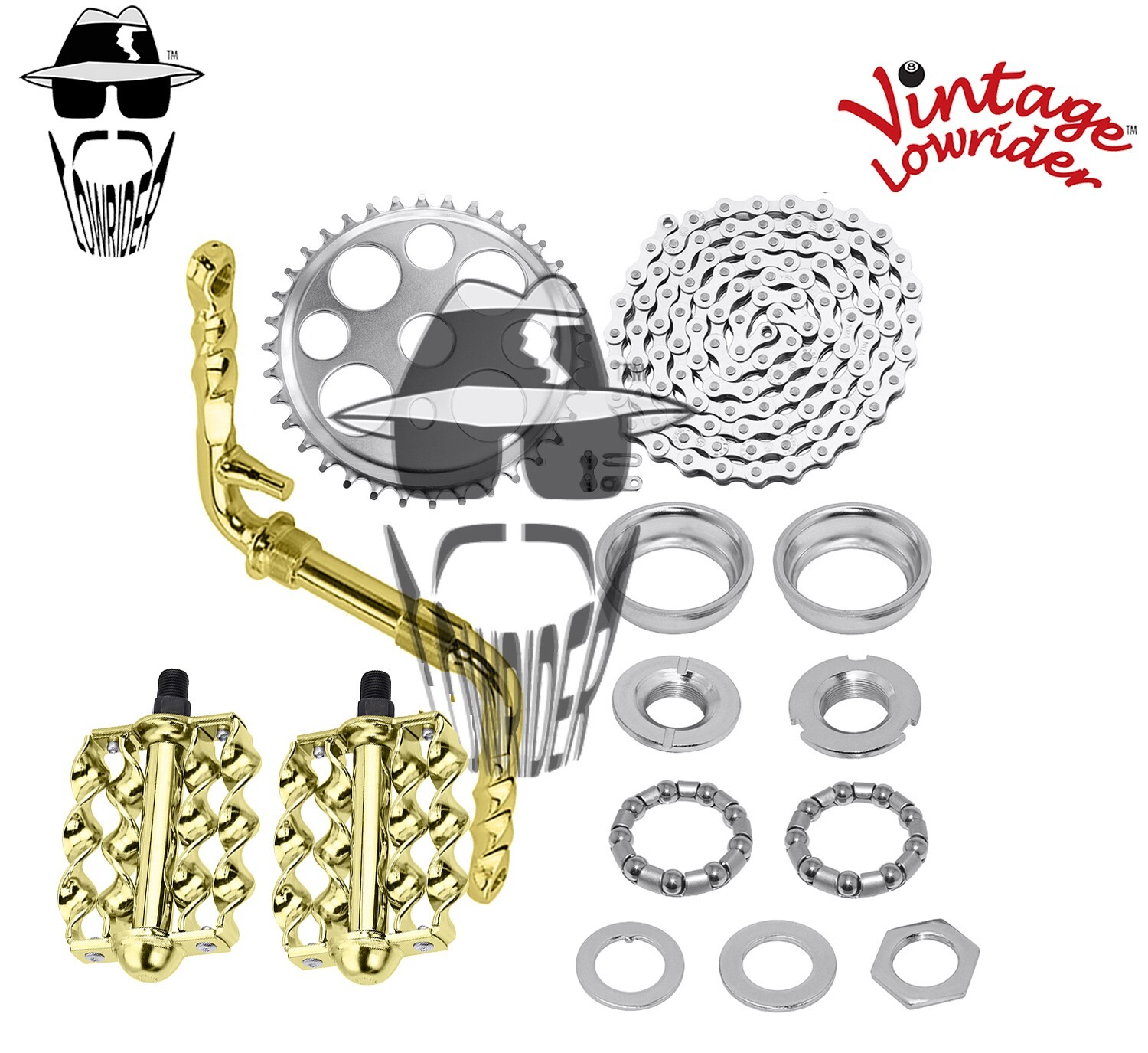 Vtg LOWRIDER – Twisted CRANK PKG – Lucky 7 Double Flat Twisted Pedal Gold/Chrome