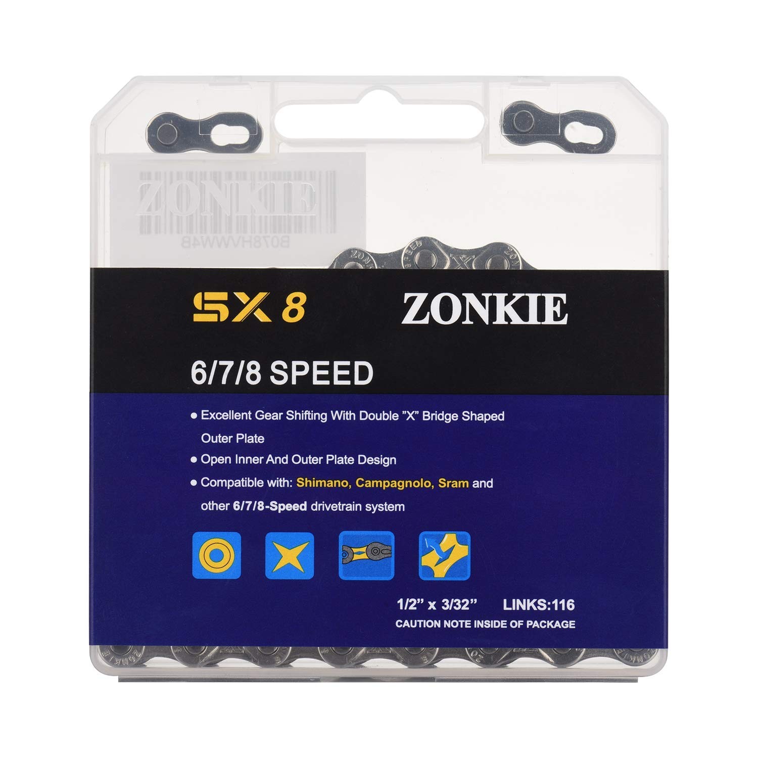 ZONKIE 6/7/8 Speed Bike Chain 1/2 x 3/32 Inch 116 Links Silver