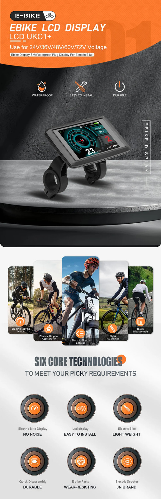 Electric Bicycle Display 24V 36V 48V 52V 60V 72V SM/Waterproof Plug Display