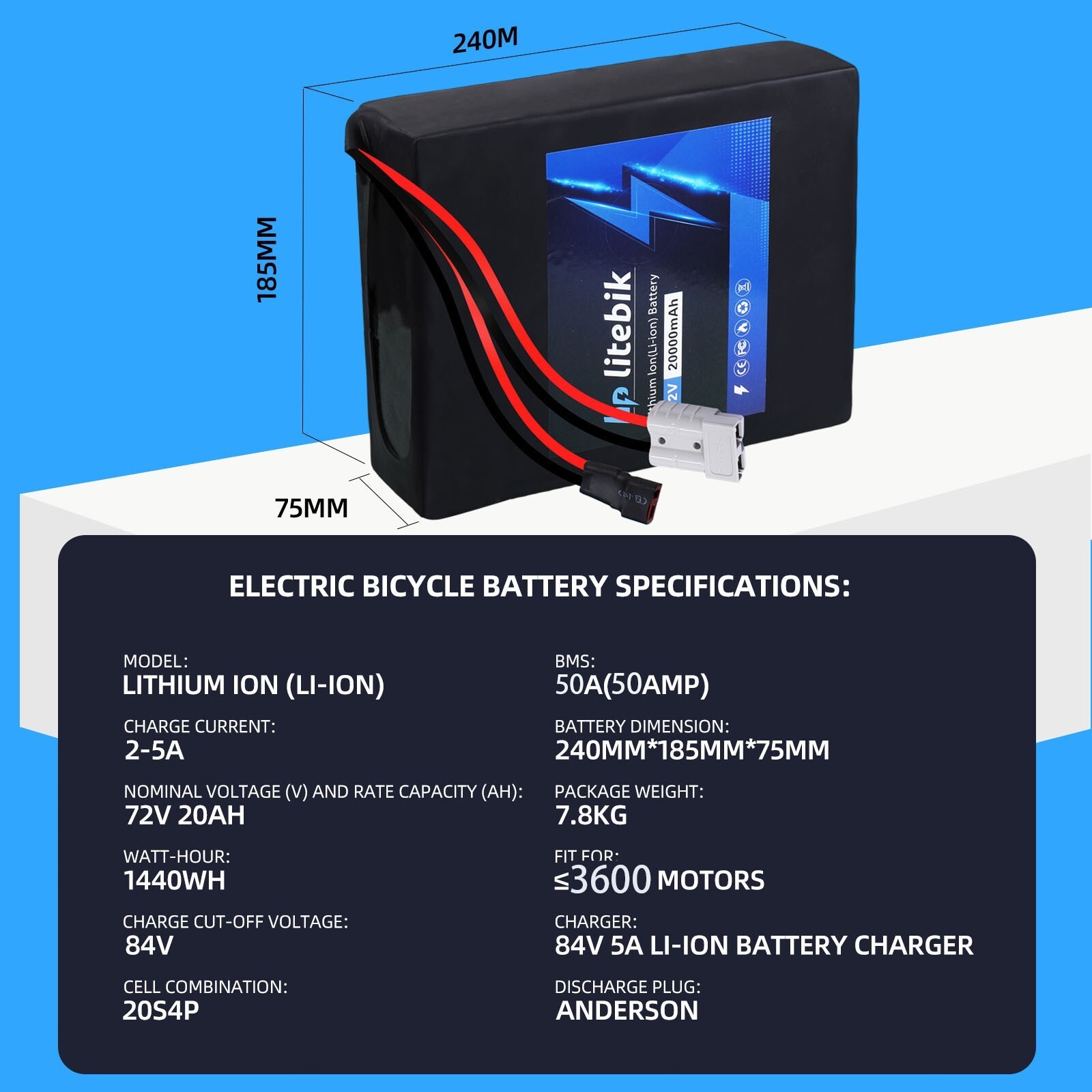 72V 50A BMS 200W-3600W ebike battery Lithium Electric Bike Scooter Battery Pack