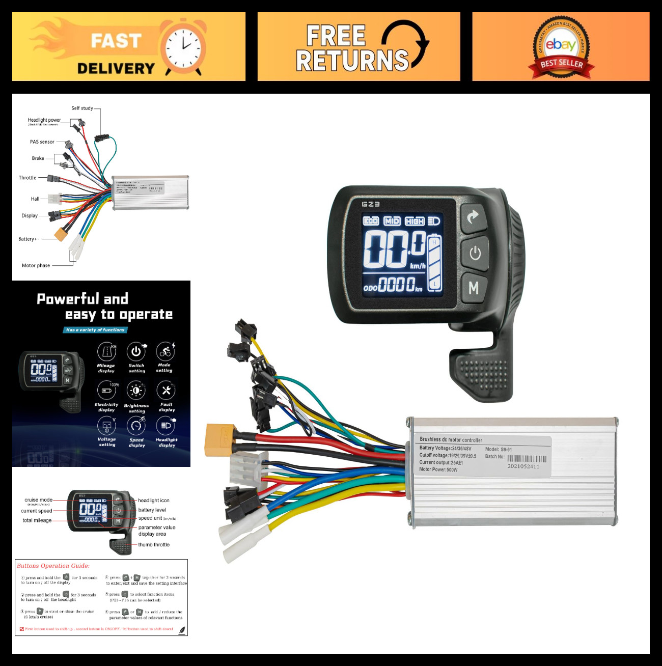 500W 25A Brushless Ebike Controller Kit with LCD Display – 24V 36V 48V Electric