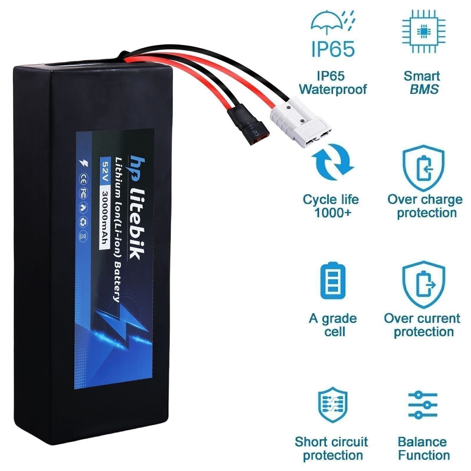 52V 30Ah 30000mAh 200-2600W Electric Bike Bicycle Ebike Lithium Battery 50A BMS