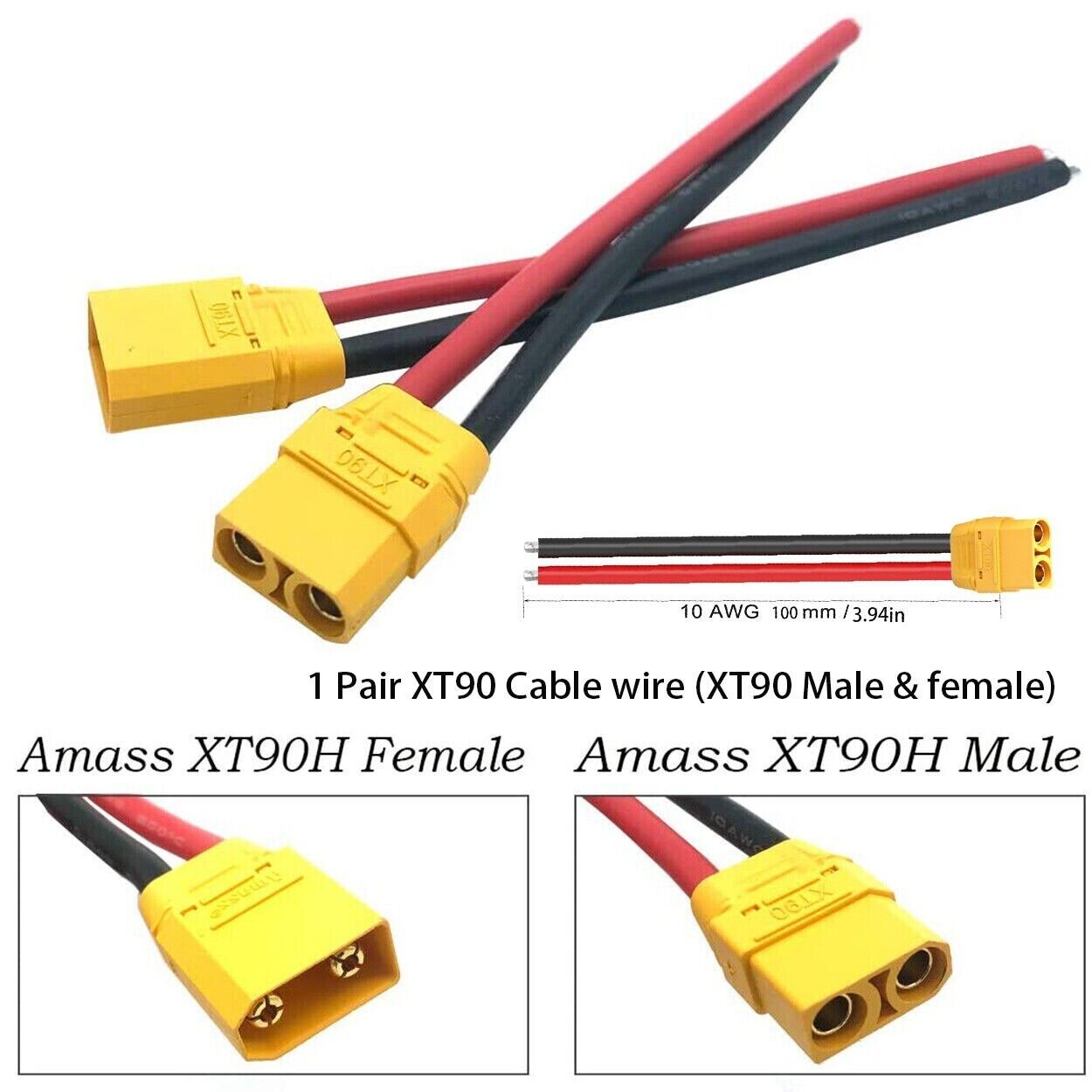 1 Pair 10AWG XT90 Pigtails Cable Male Female Connector for Ebike Li-Ion Battery