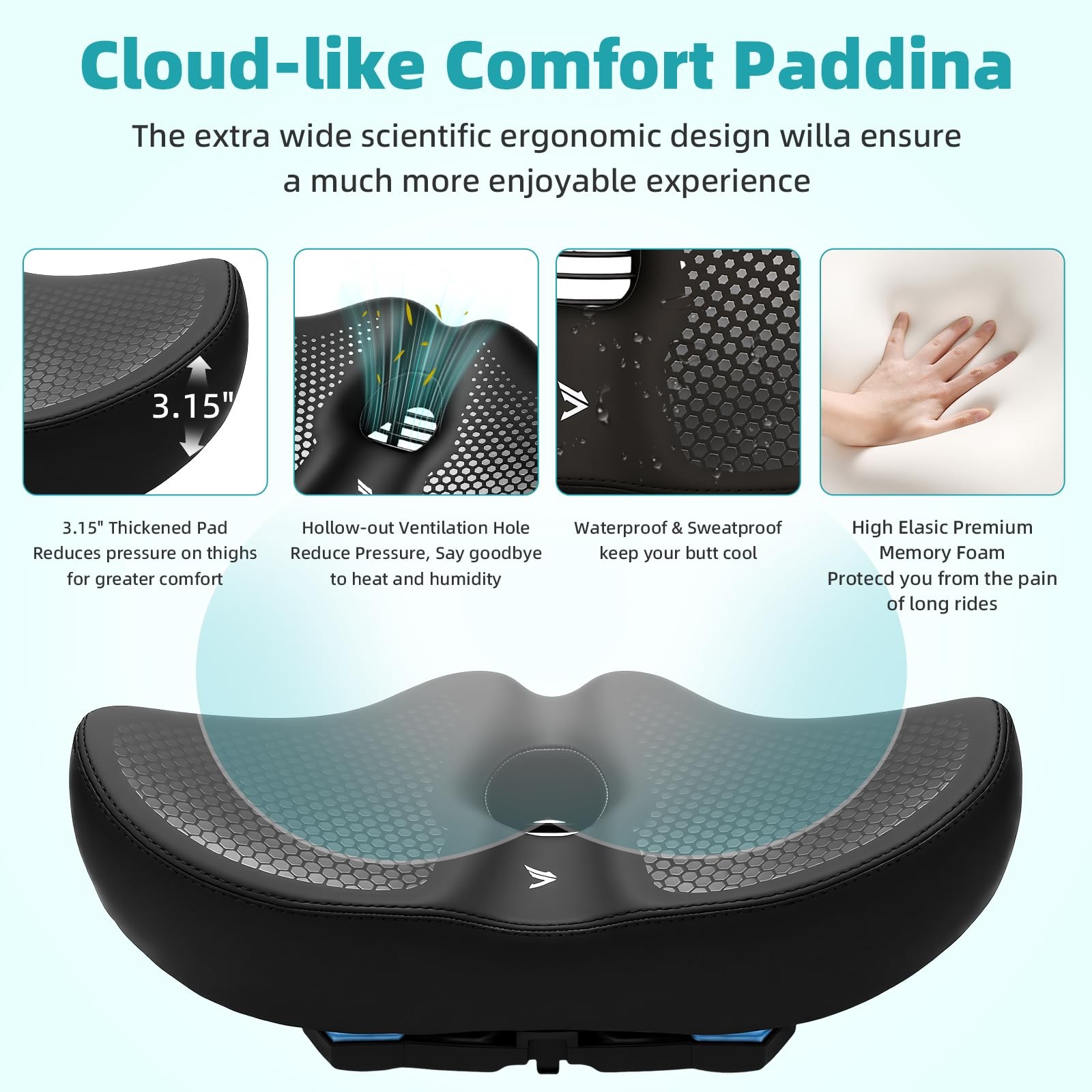Wide Noseless Bike seat Cushion for Men Women Memory Foam Filling Black
