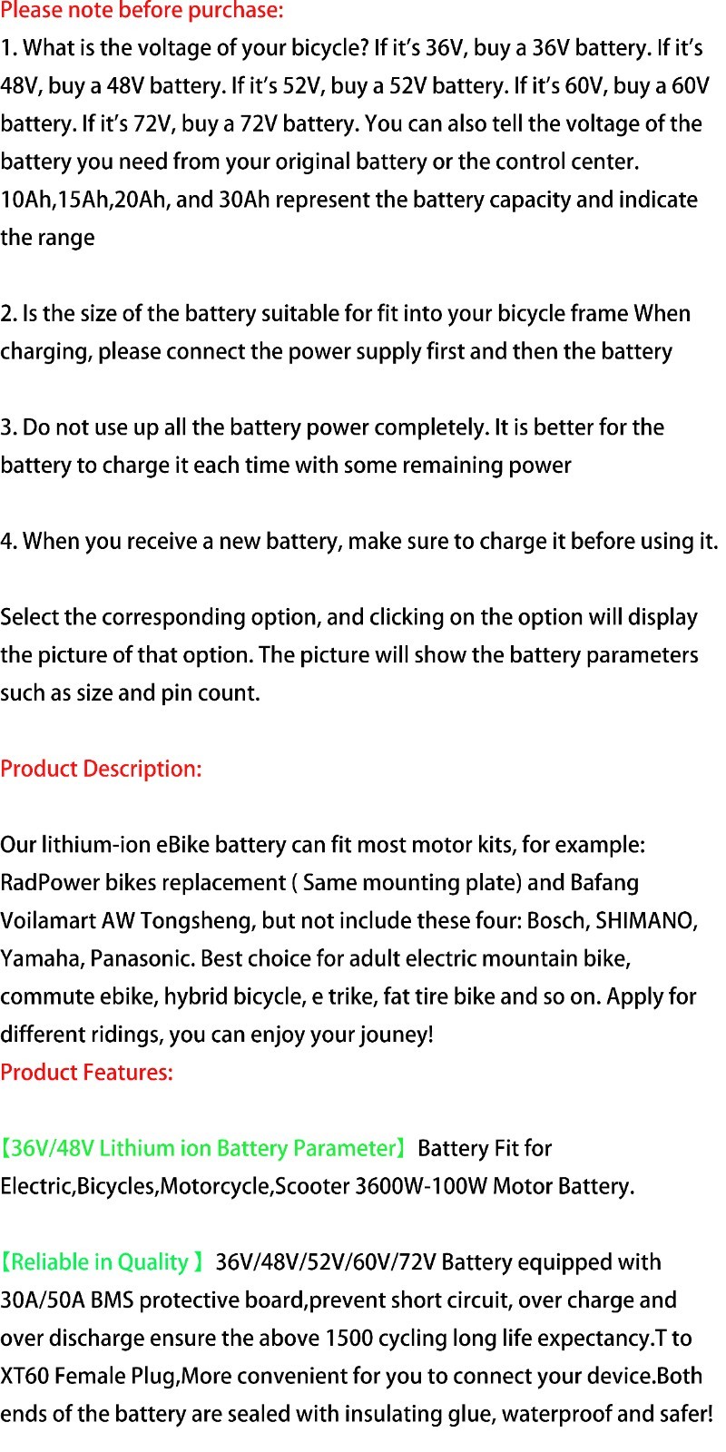 Ebike Battery 72V 60V 52V 48V 36V 8Ah 10Ah 14Ah 20Ah 30A 50W-3600W Electric Bike