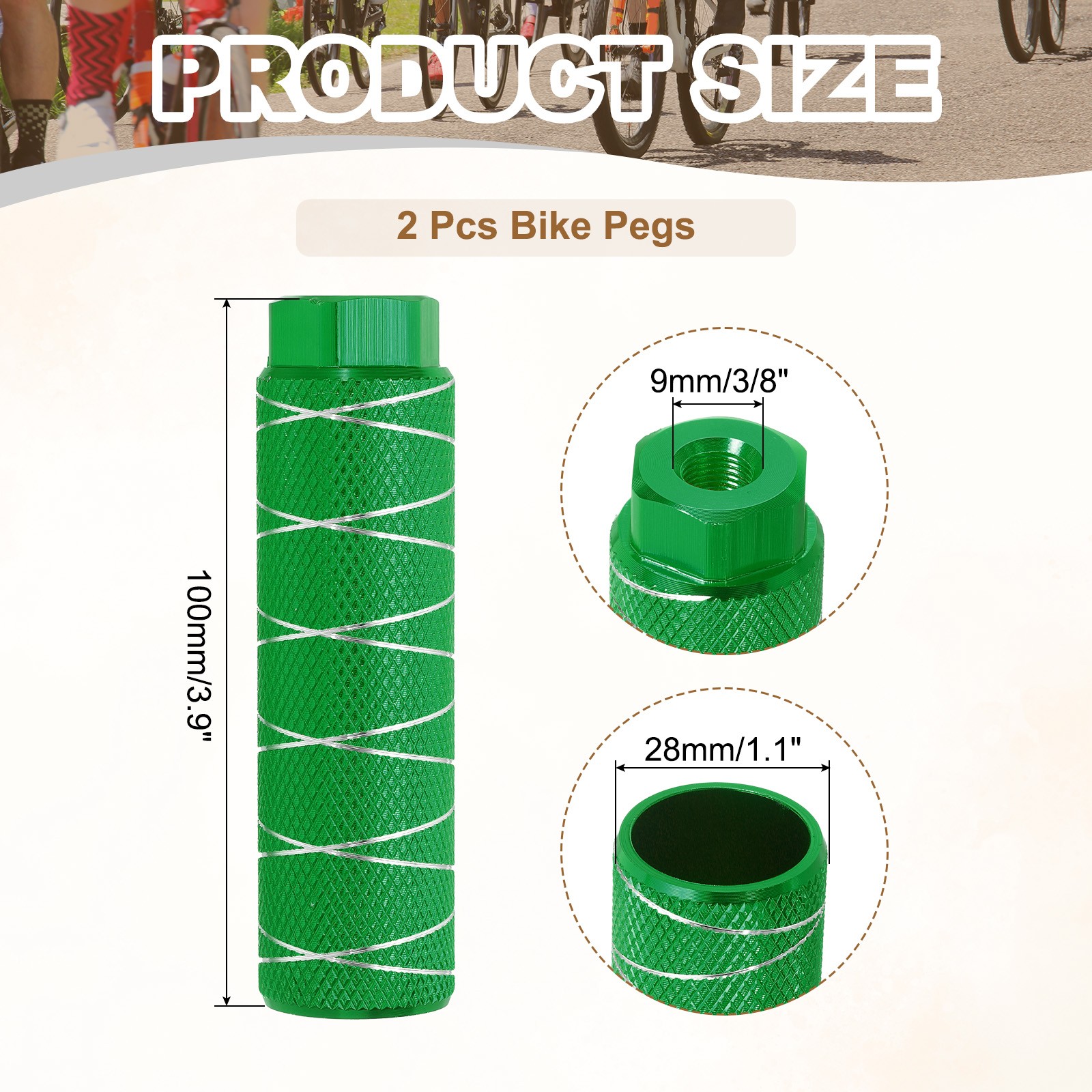 2 Pack Aluminum Alloy Bike Pegs Anti-Skid Fit 3/8 Inch with Thin Line Green