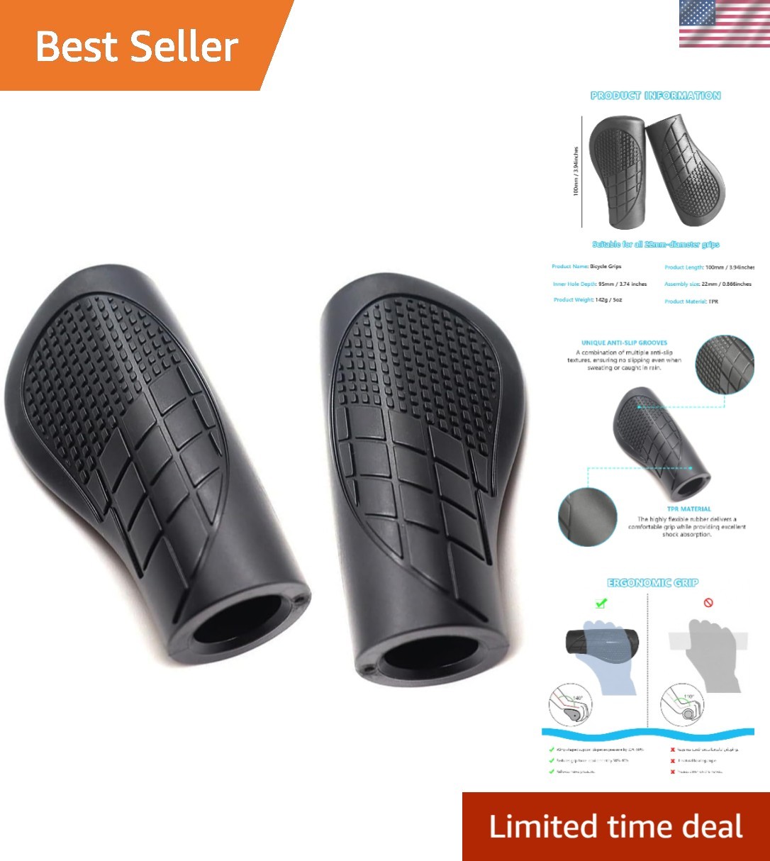 Snmzlc Ergonomic Bike Handlebar Grips,Length 100mm/3.94″,for 100mm, black