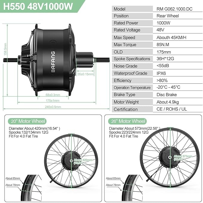 48V1000W Bafang Rear 20” 26″ Wheel Hub Motor DIY Fat Tire Ebike Conversion Kits