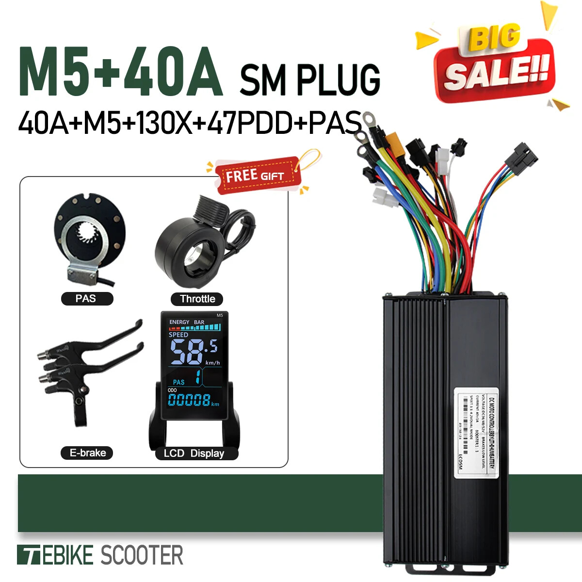 Ebike Sinewave 3 Mode 17A26A30A40A Controller +Color M5 Display 350W-2000W Motor