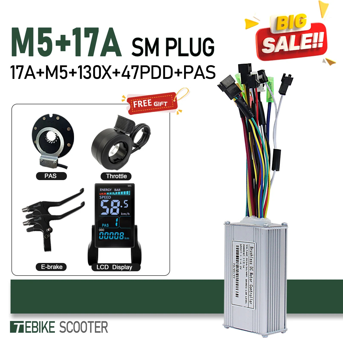 E-Bike Sinewave 3 Mode 17A26A30A40A Controller+Color M5 Display 350W-2000W Motor