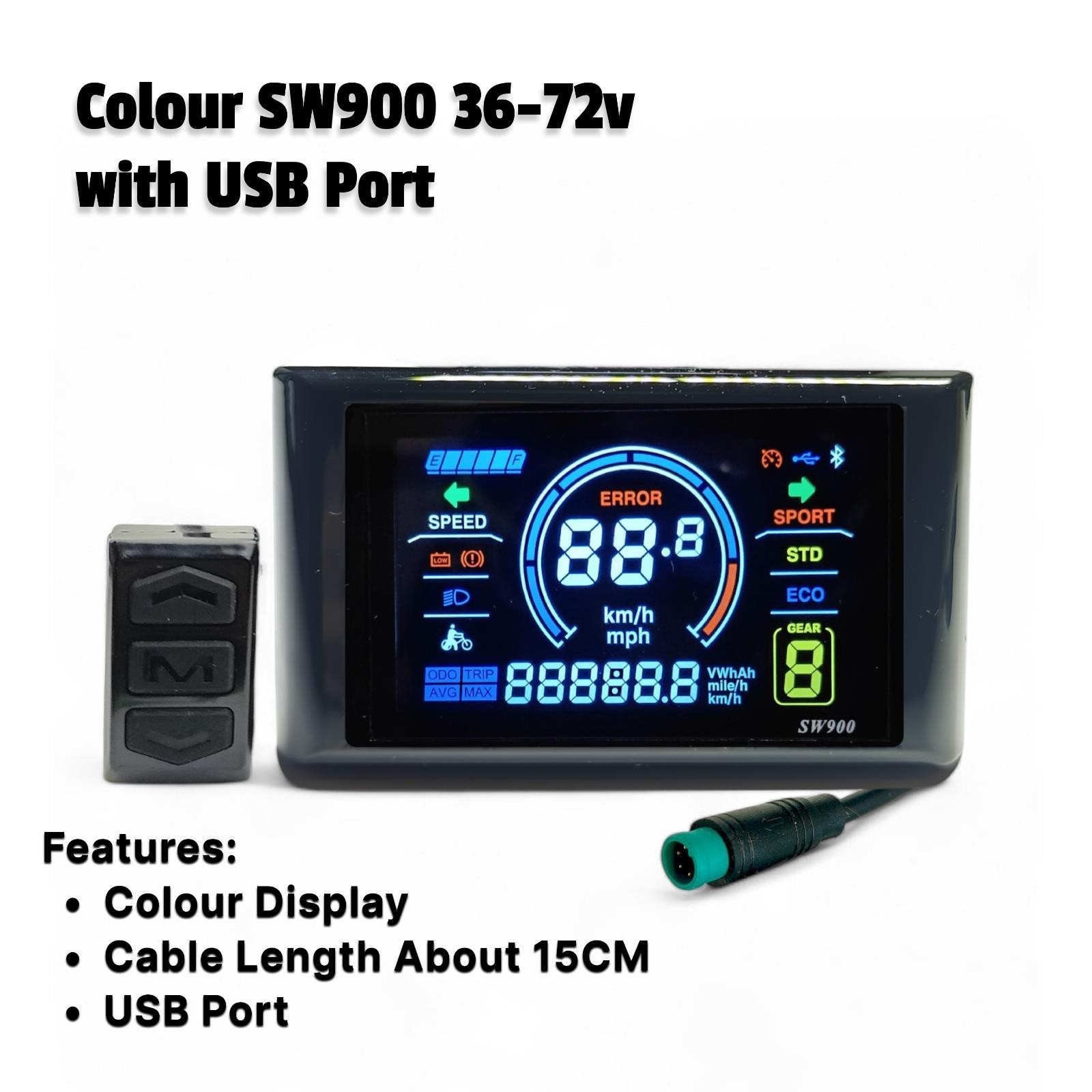 Ebike SW900 Colour USB LCD Display Control Electric Bicycle Speed Meter 36-72V