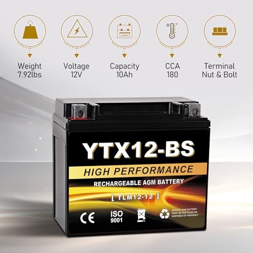 YTX12-BS 12V 10Ah AGM Sealed Motorcycle Battery, Maintenance-Free, YTX-12 Black