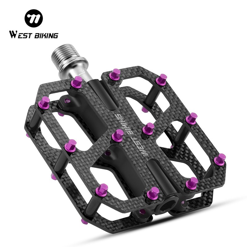 WEST BIKING Carbon Fiber Road Bike Pedals 3 Bearings Titanium Axis Pedals Purple