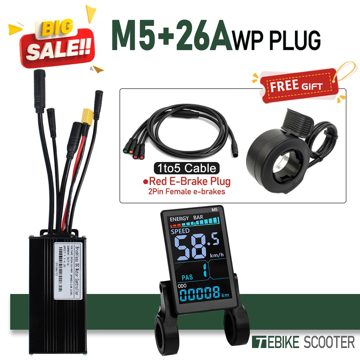 E-bike Sine Wave 3 Mode Controller Set 17A 26A 30A 40A with Color M5 Display