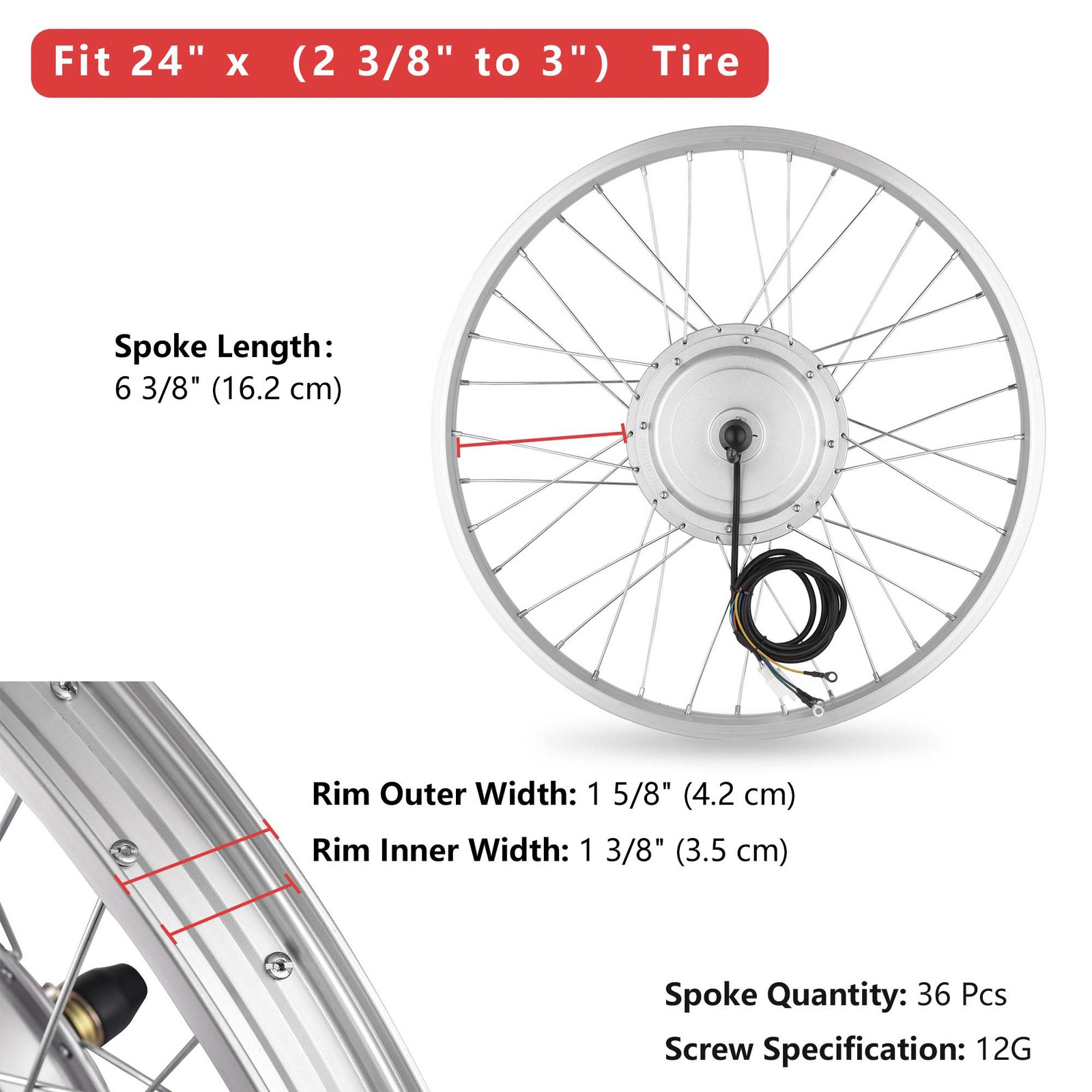 Yescom Electric Bicycle Front Wheel EBike Conversion Kit For 24″ 36V 750W E-Bike