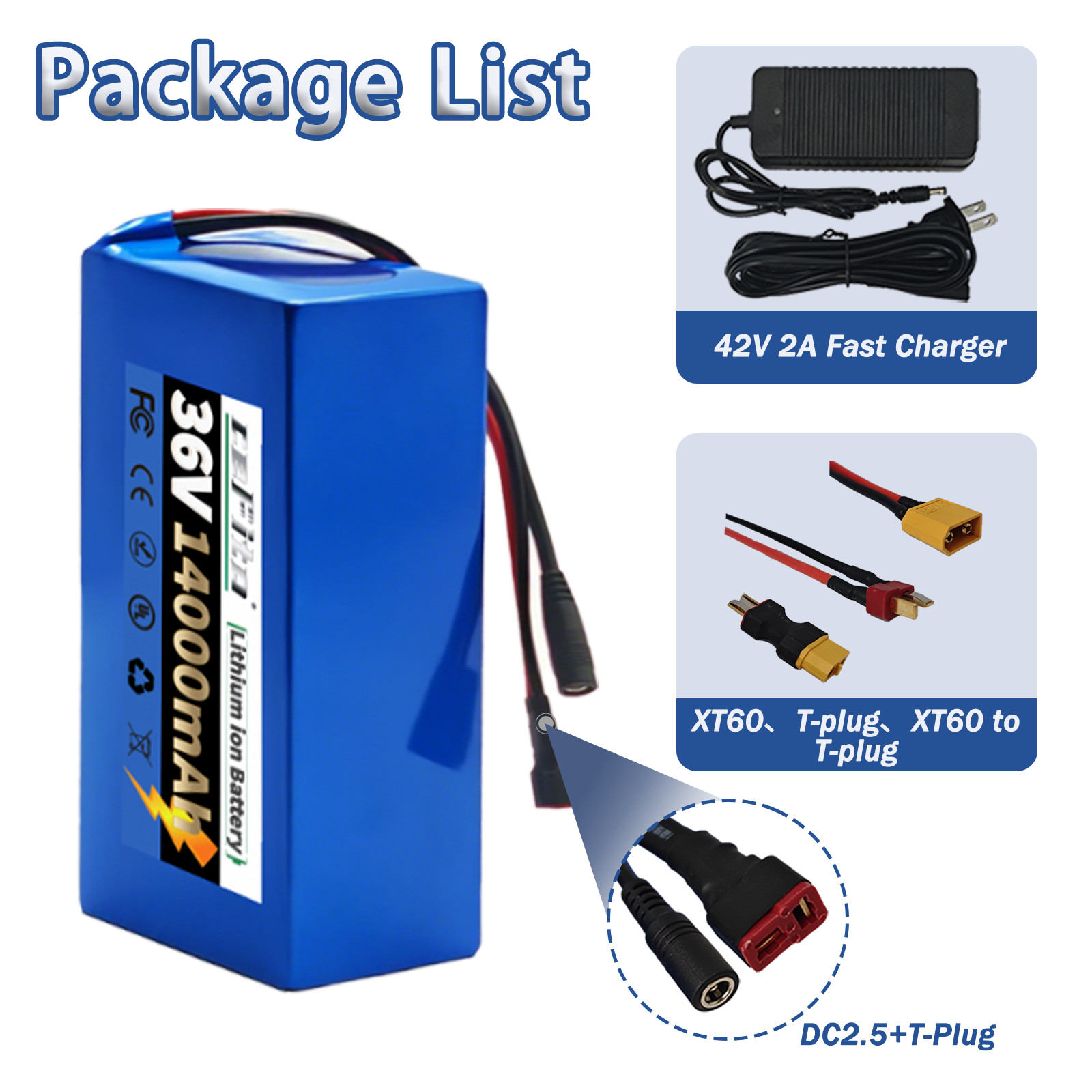 36V 14Ah Lithium Battery, with 30A BMS, DC2.5 Charger Port, 7.6*4.2*2.7inch