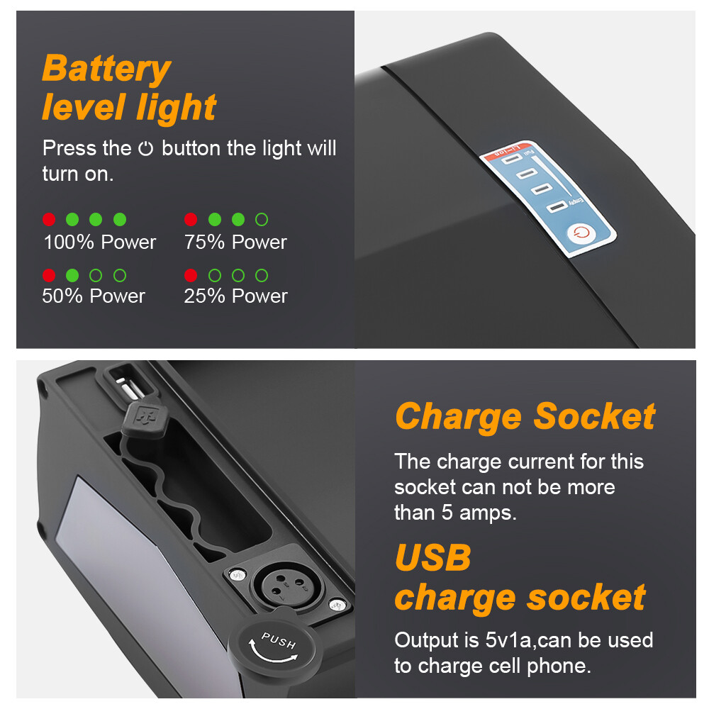 48V 20.8Ah Lithium Ebike Battery 1500W Rear Rack Electric Bike Battery Black