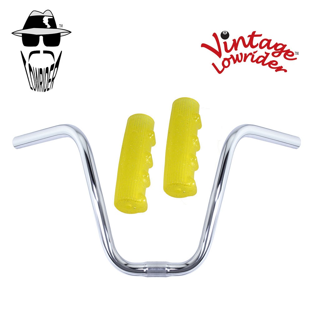 Original Lowrider 9″ 25.4 D Handlebar Chrome 0214 120mm Grips Sparkle/Yellow