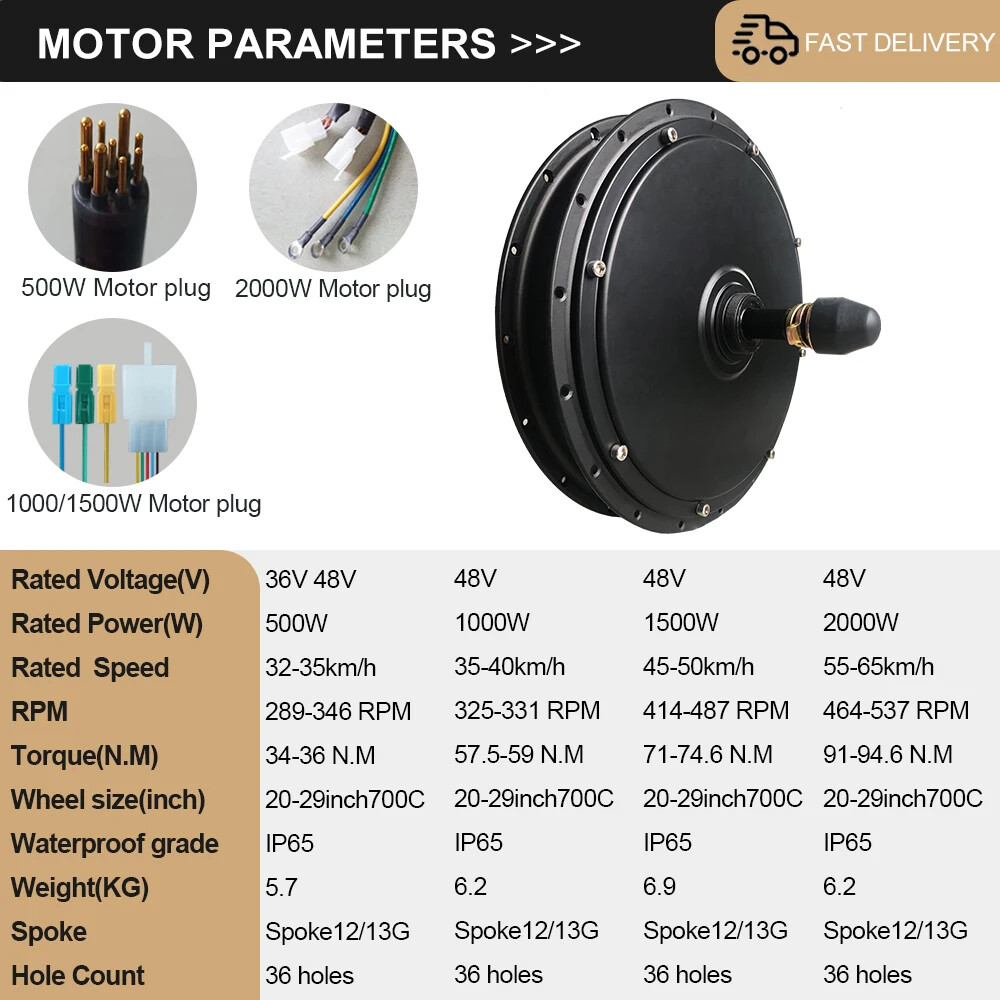 MTB Ebike 500W 1000W 1500W 2000W 36V 48V Brushless Gearless Front Rear Hub Motor